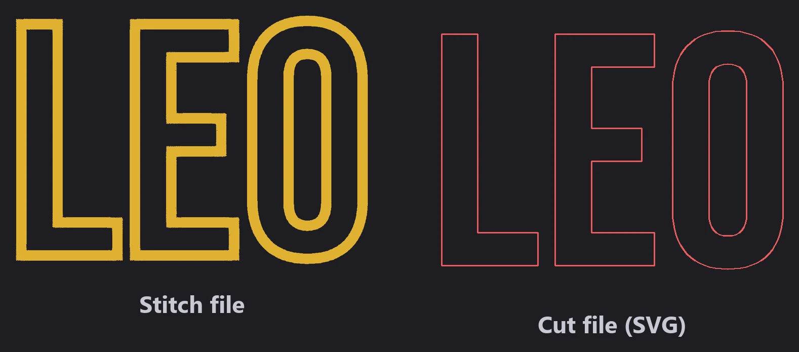 The stitch file for the word LEO next to its matching cut file outline