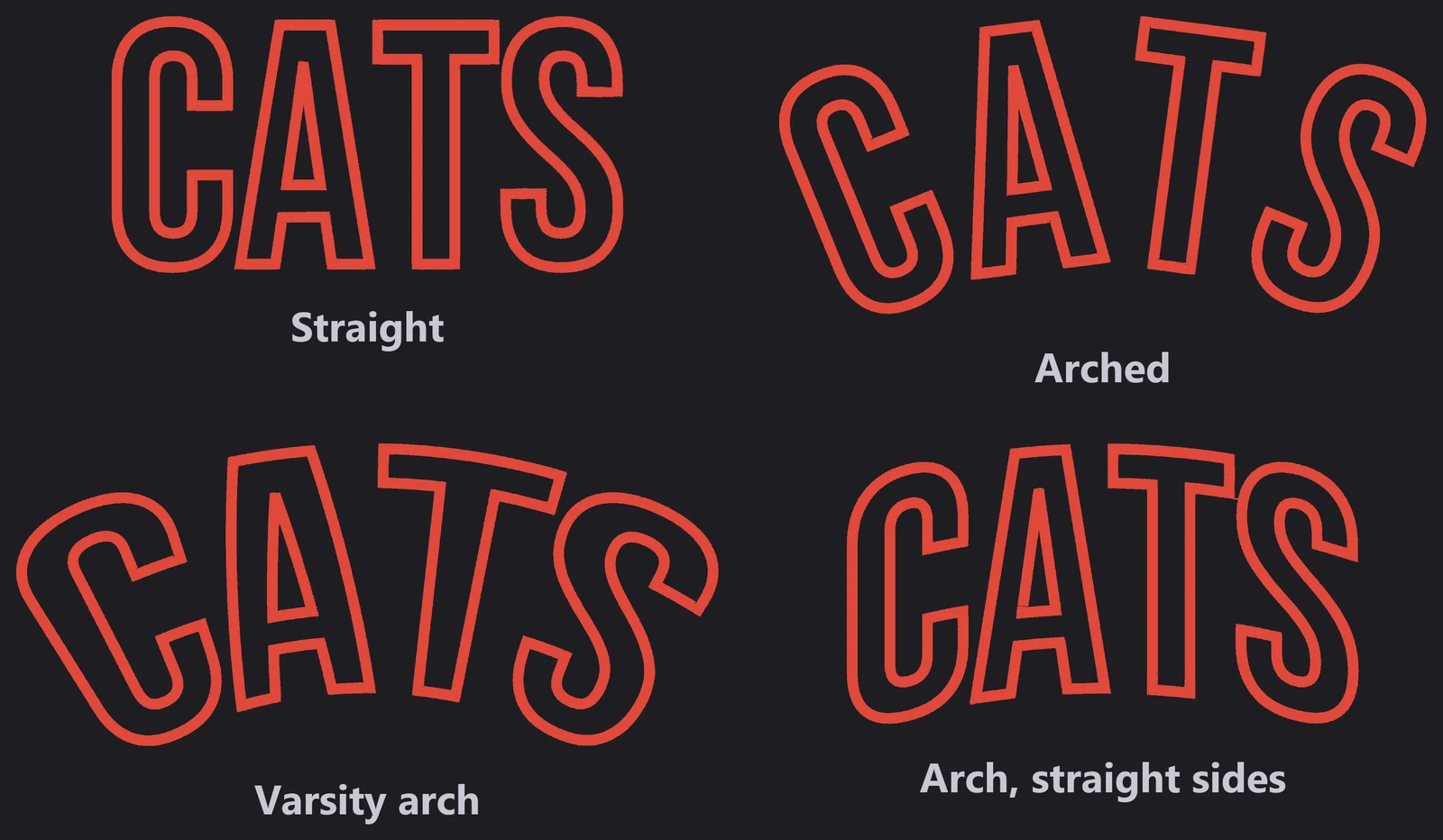 The word CATS in straight, arched, varsity arch and straight-sided arch layouts