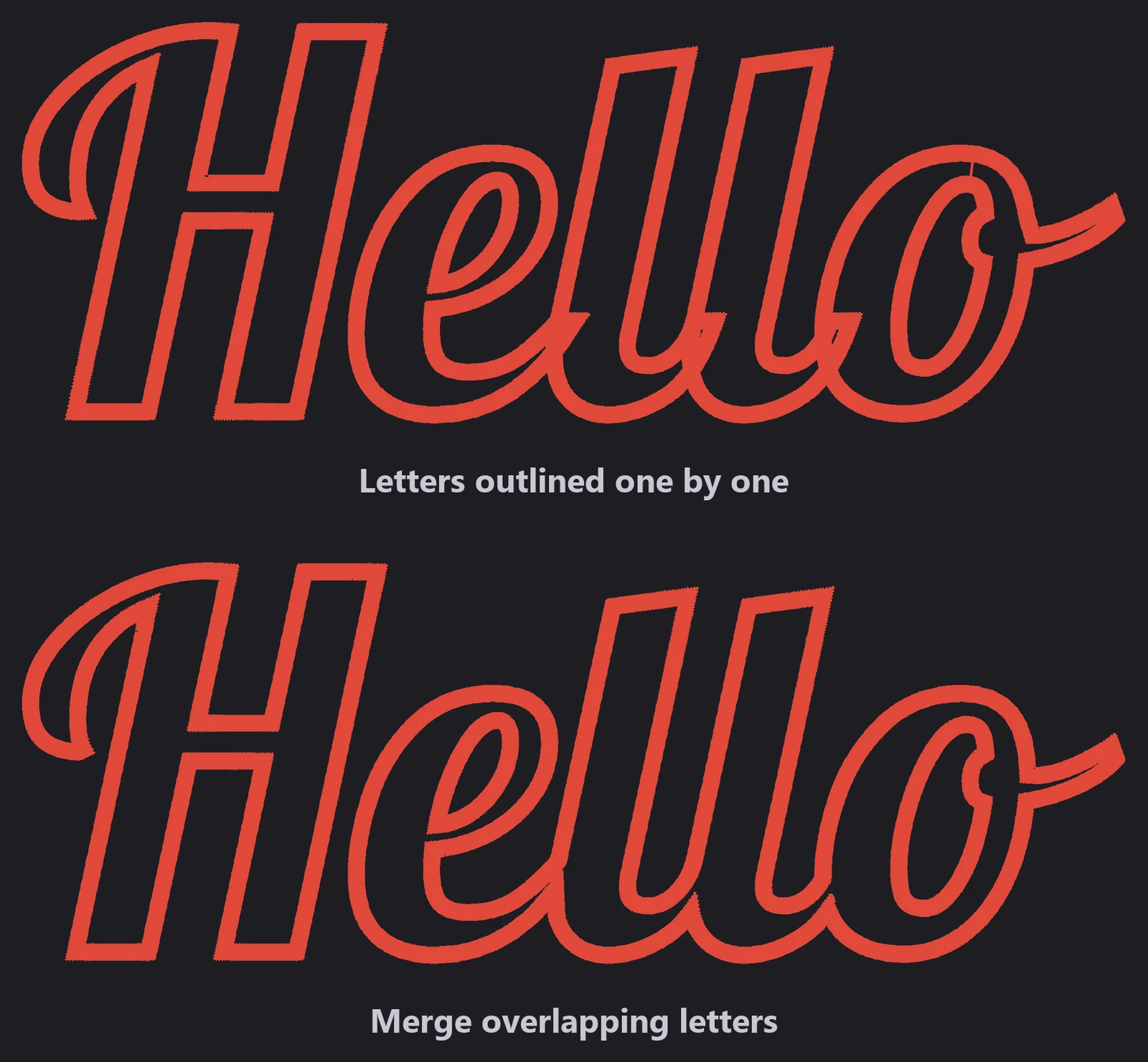 The word Hello in a script font, outlined letter by letter and with letters merged