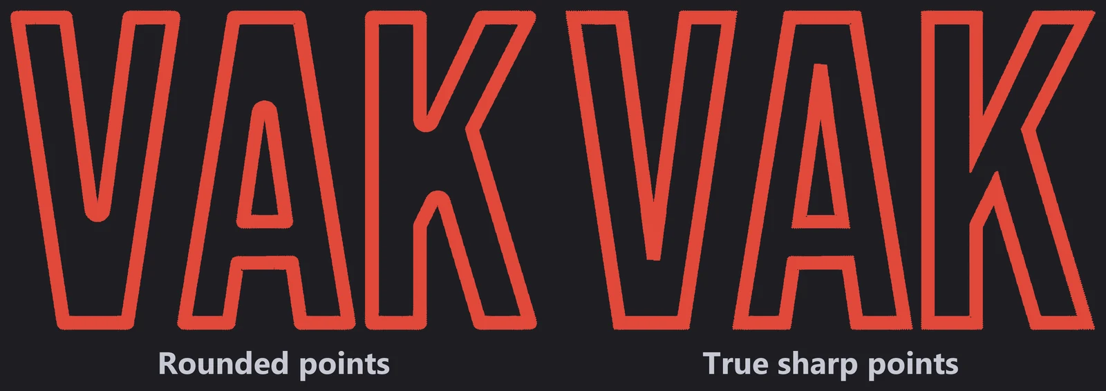 The letters VAK with rounded points compared with true sharp points