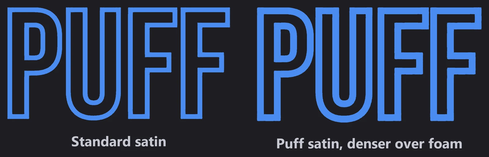The word PUFF with a standard satin border and with a denser puff satin border