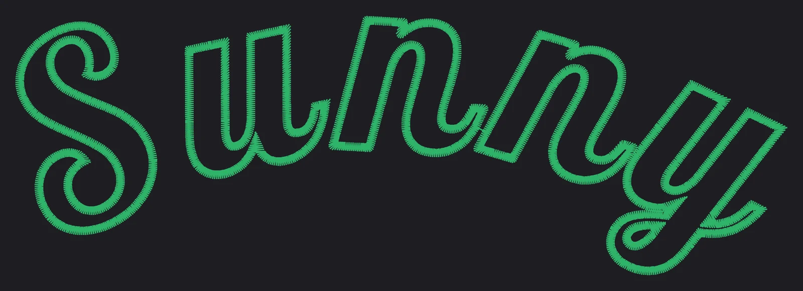 The script word Sunny merged into one outline with a zigzag border, bent along an arc