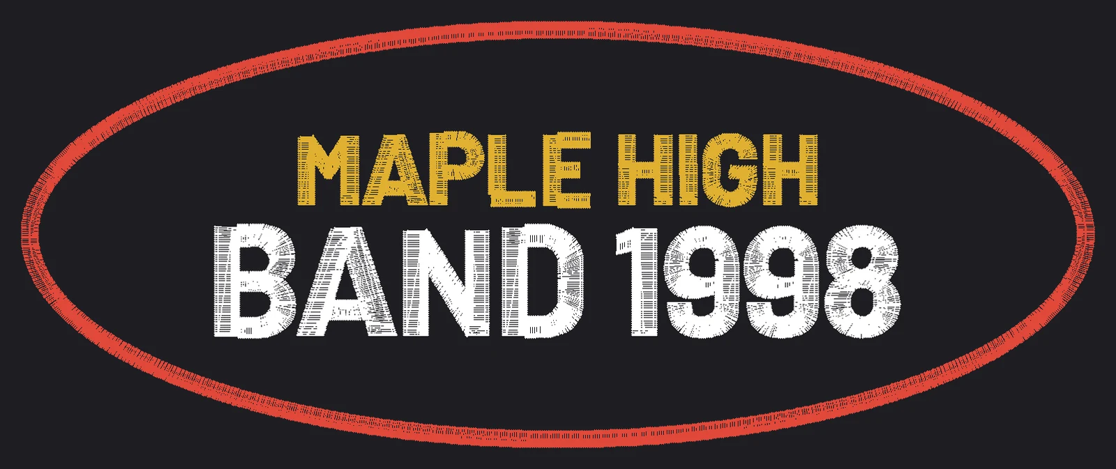 Two lines of lettering in gold and white inside a red oval border