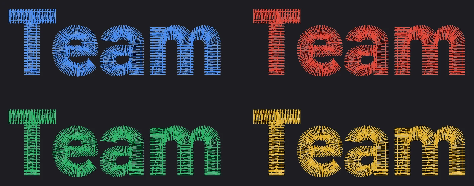 The word Team stitched in four different thread colors