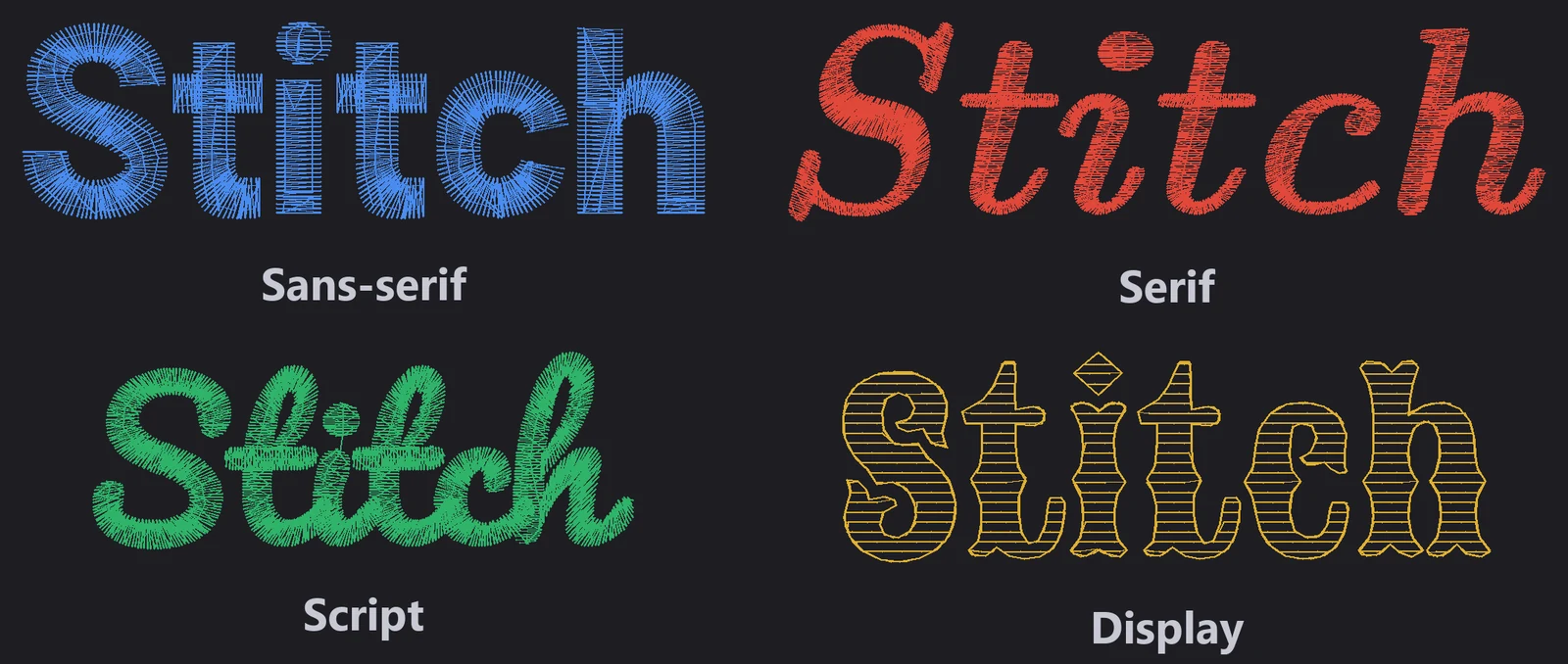 The word Stitch in four embroidery fonts: sans-serif, serif, script and display