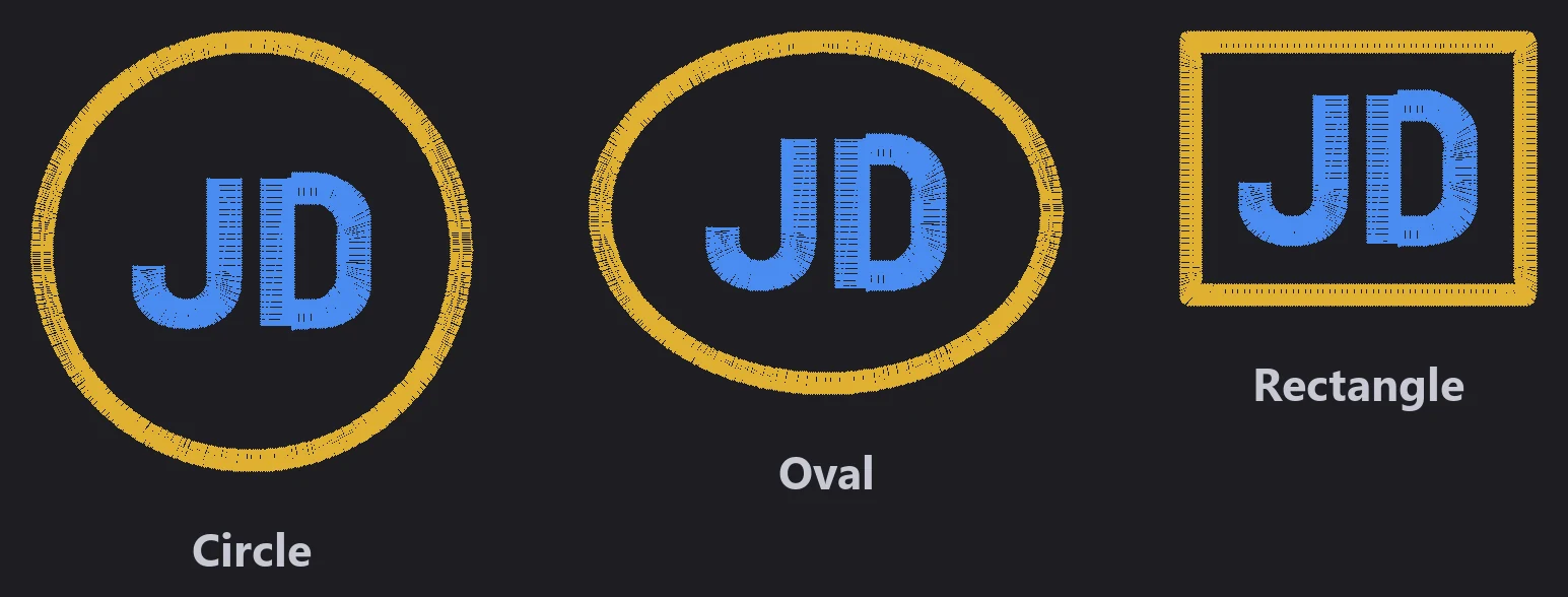 The initials JD inside a circle, an oval and a rectangle border